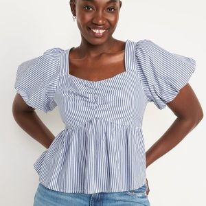 Blue and White puff sleeve Babydoll top Medium
